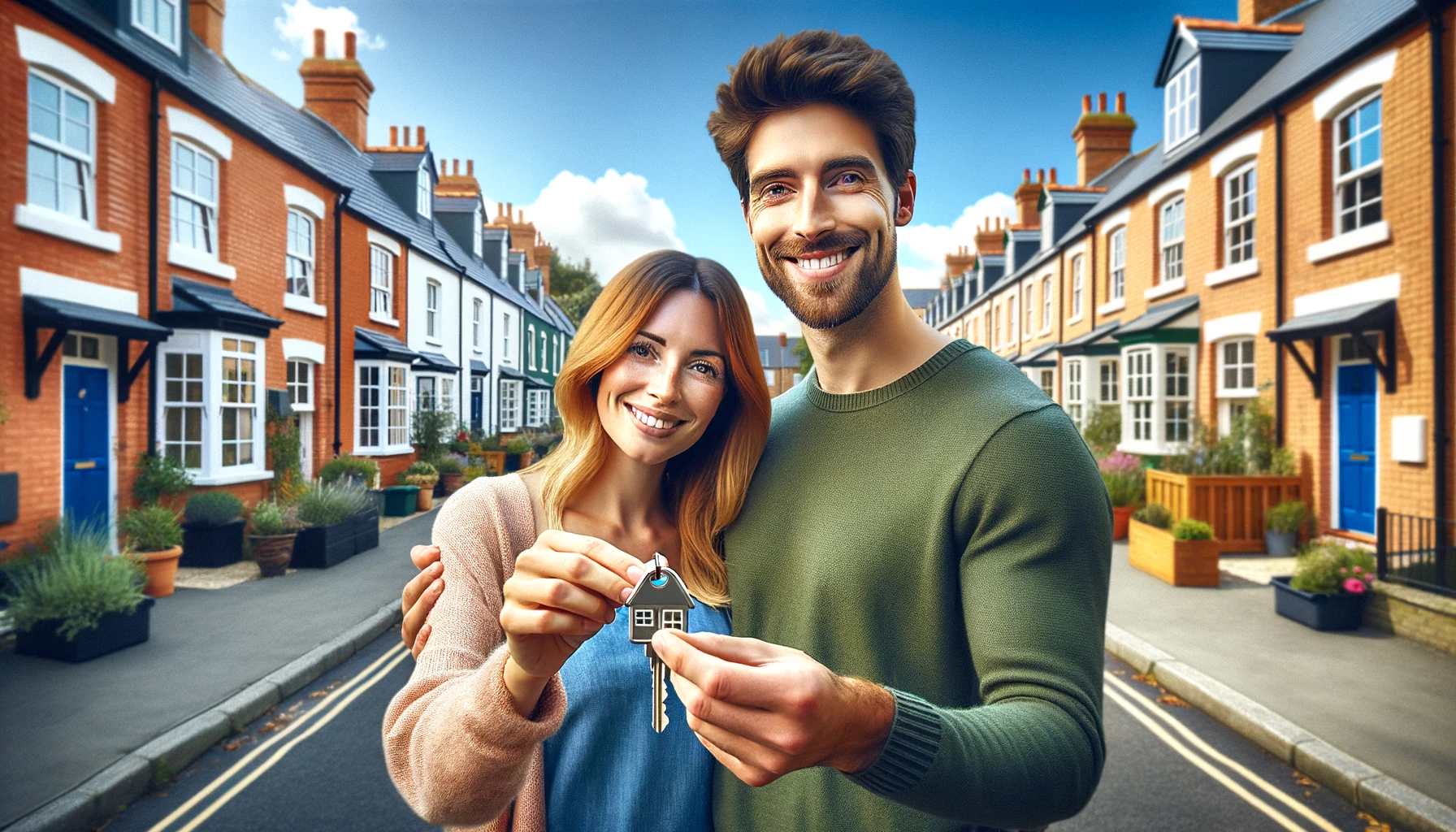 Smiling couple holding house keys in front of a vibrant UK street with a mix of modern and traditional houses, symbolizing successful property ownership through the Conveyancing Quality Scheme