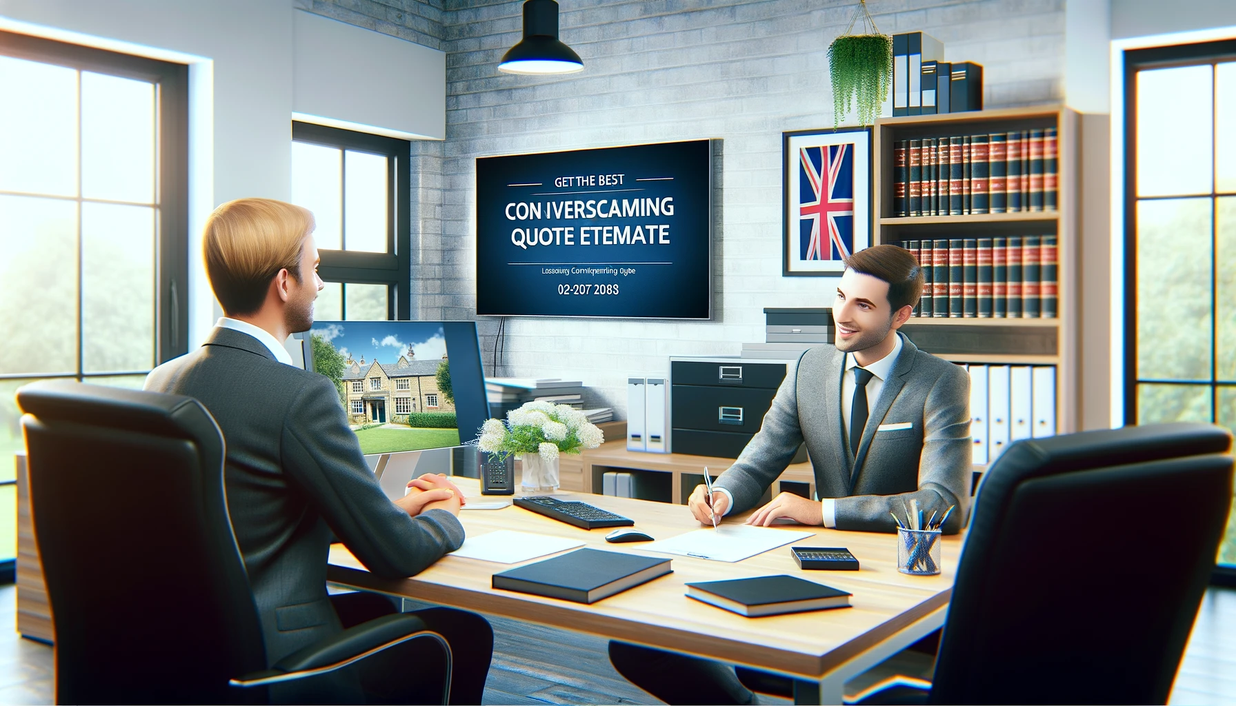 Detailed conveyancing quote discussion between client and conveyancer in a UK office, showcasing professional advice