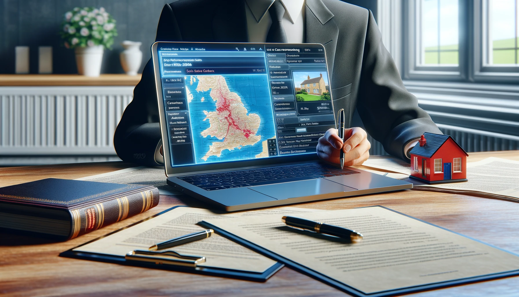 Conveyancing solicitor's desk with property documents, laptop, and UK map, pivotal in the conveyancing process for buyers.