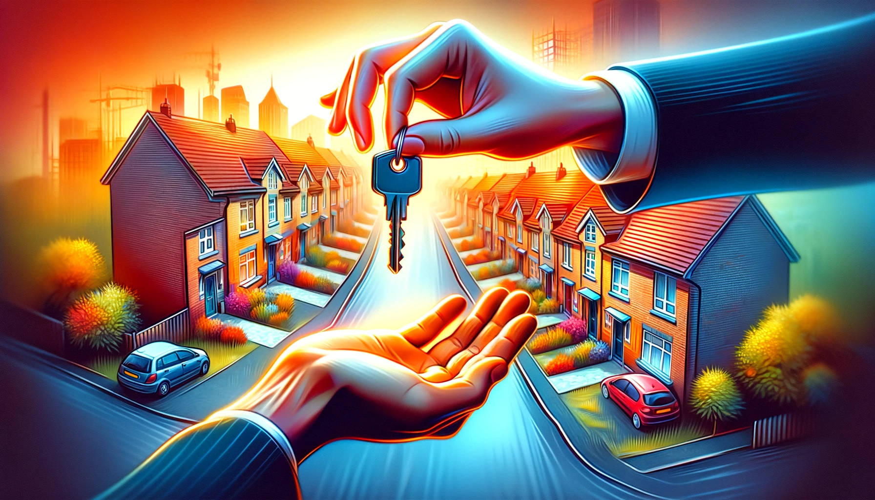 Hands exchanging house keys on completion day, a key milestone in the conveyancing process for buyers, with UK houses in the background