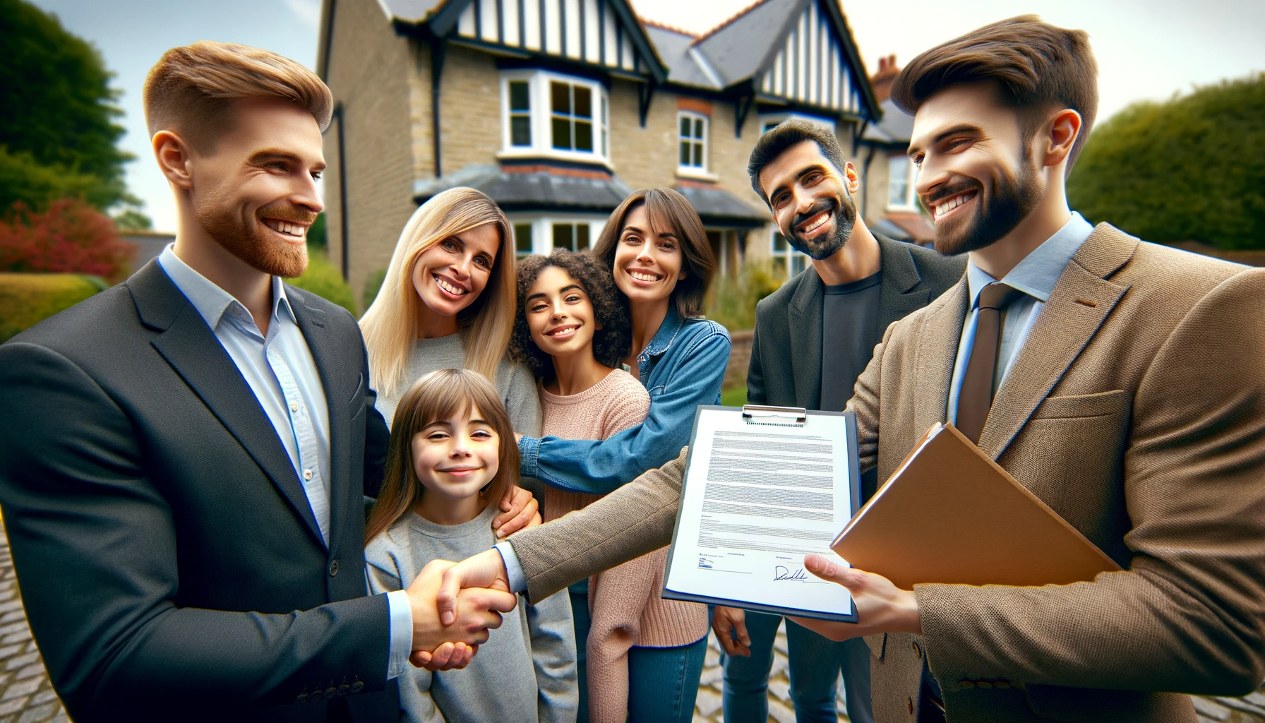 Diverse group celebrating successful conveyancing with a conveyancer handing legal documents to a family in front of a UK home, symbolizing trust and satisfaction in property transactions