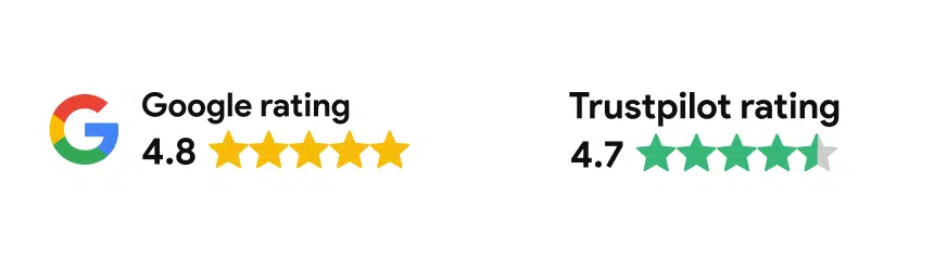 Google rating 4.8. Trustpilot rating 4.7