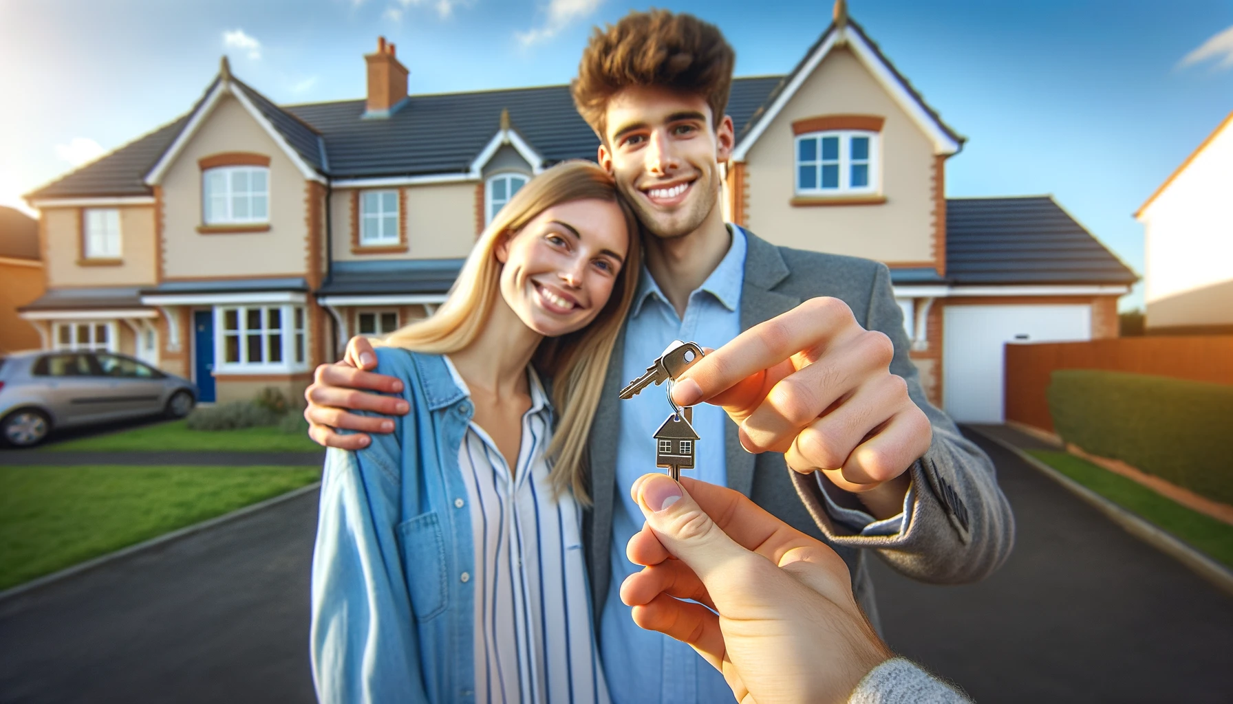 Discover the joy of a successful home purchase, as seen through a happy couple holding their new house keys, thanks to efficient conveyancing