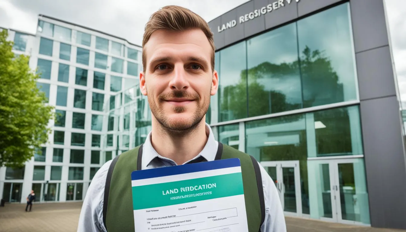 A person holding ID4 form in front of a Land Registry building.
