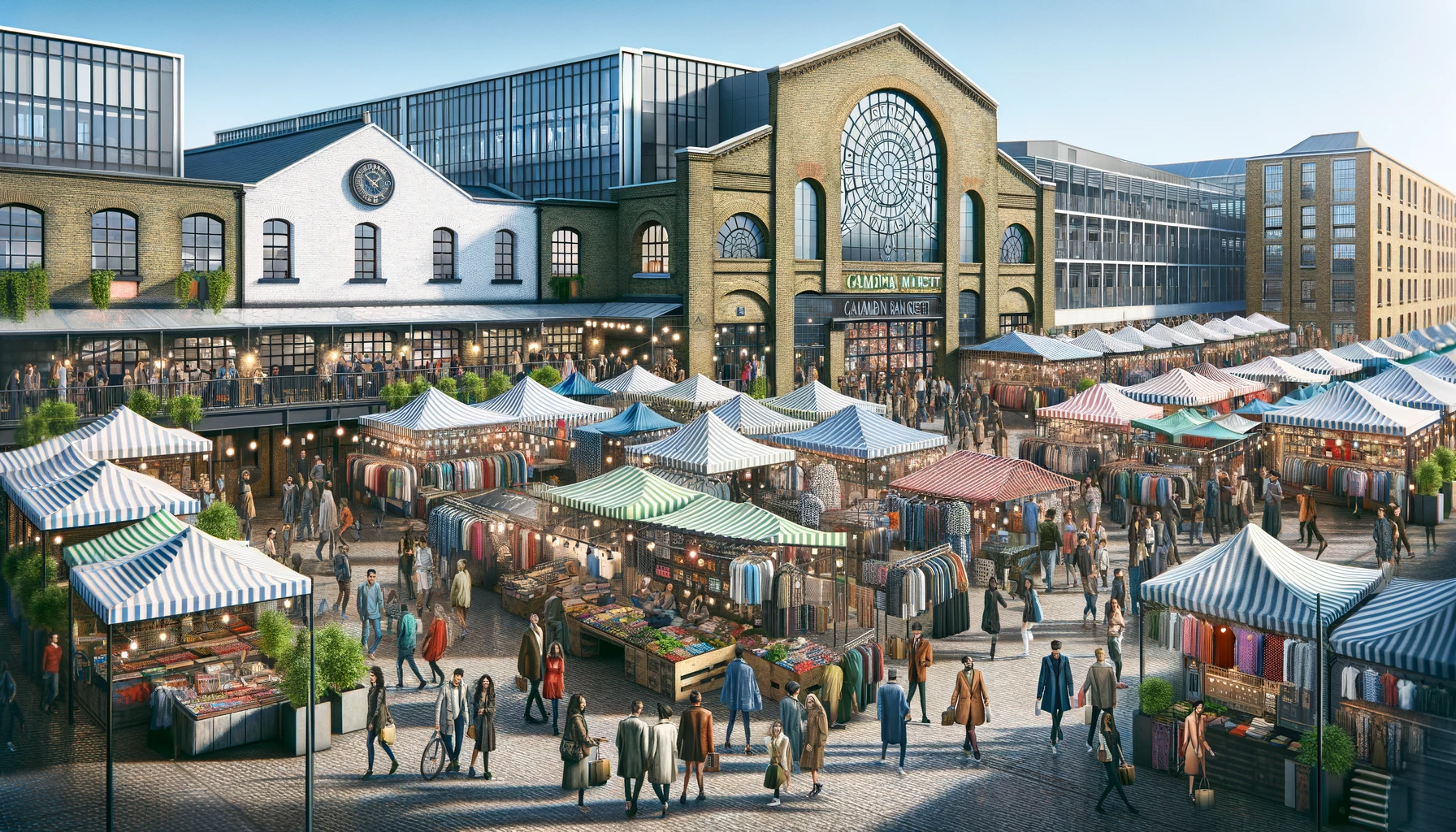 Modern depiction of Camden Market in Camden Town, London, showcasing a mix of trendy stalls, diverse crowds, and a blend of traditional and contemporary architecture, highlighting the market's evolution and vibrant atmosphere.