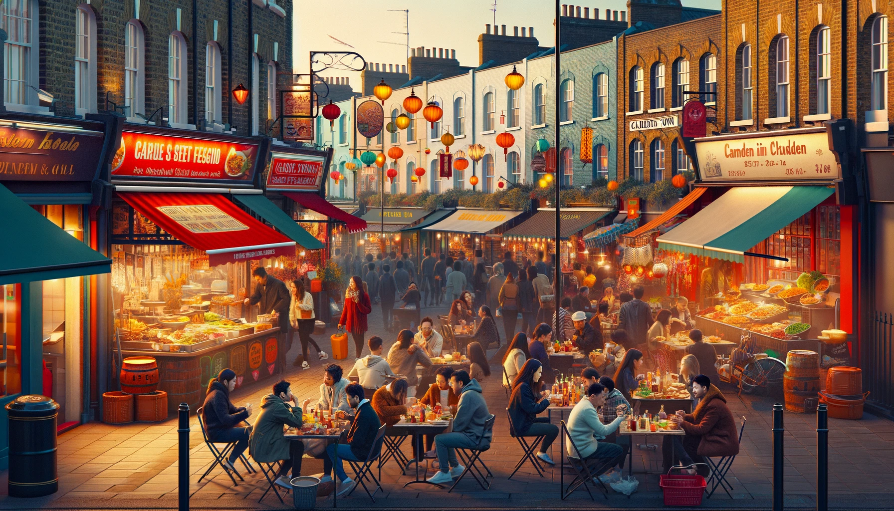 Vibrant scene showcasing diverse dining spots in Camden Town, London, with people enjoying various cuisines at cozy cafes, ethnic restaurants, and trendy bars, capturing the lively and multicultural culinary atmosphere.