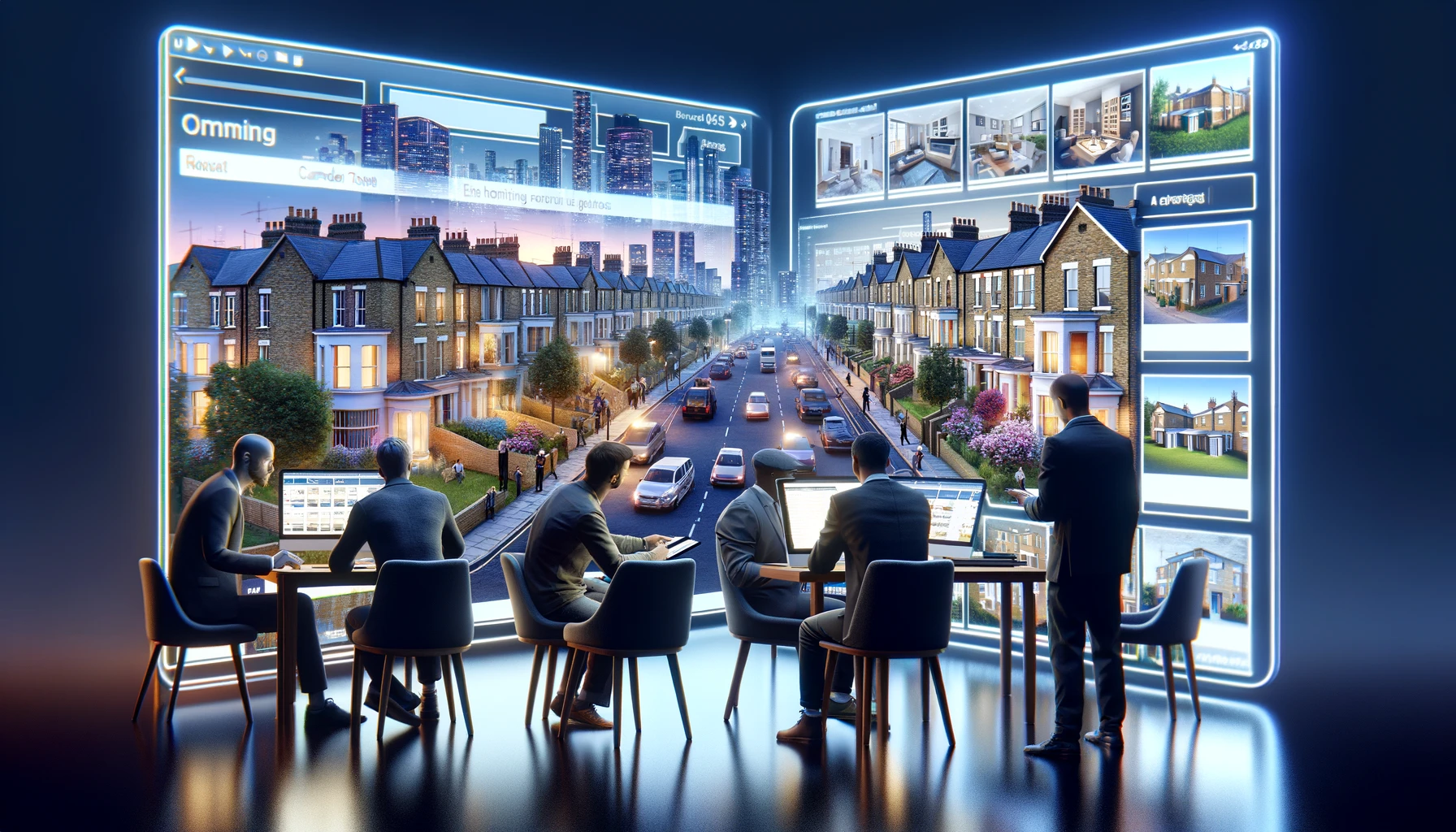 Realistic depiction of potential buyers consulting with real estate agents and viewing properties in Camden Town, illustrating the dynamic and varied real estate market of the area.