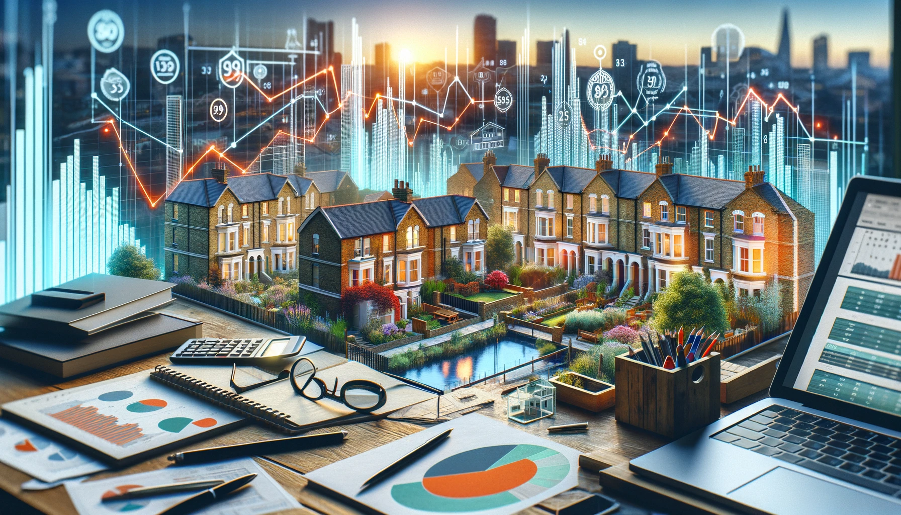 Detailed image showcasing the property market in Camden Town with graphs of price trends and representations of different property types, highlighting the diversity and range of property prices in the area.