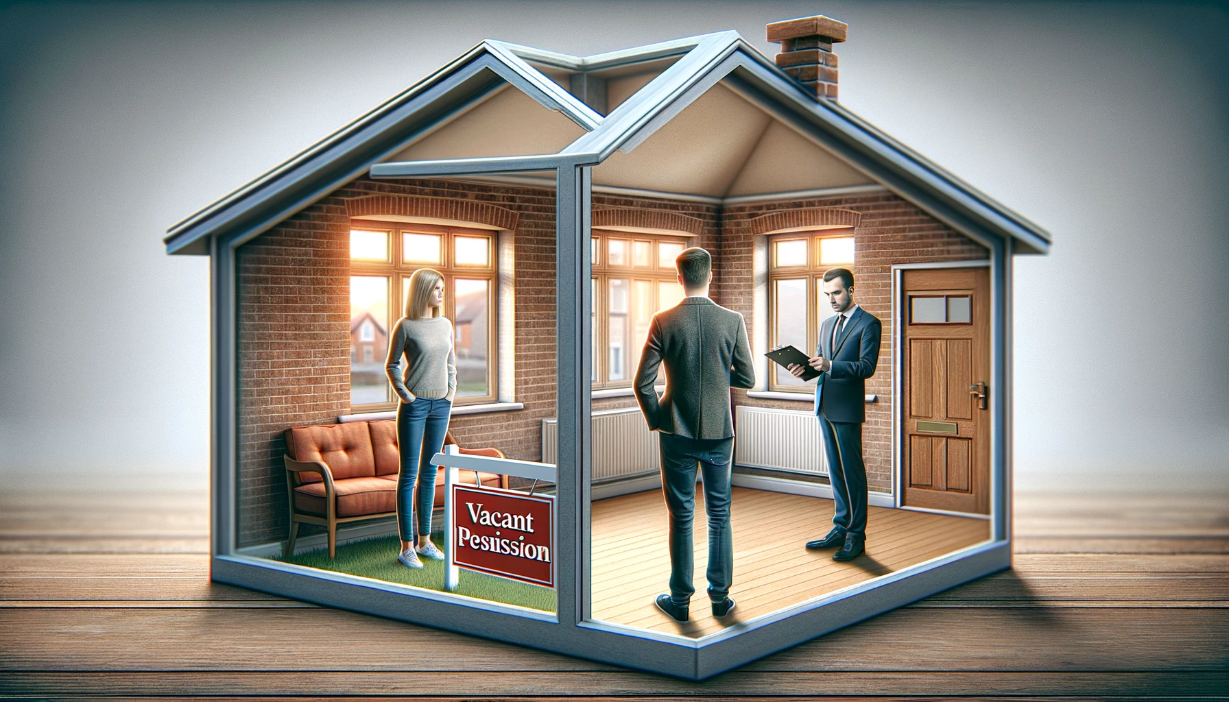 A couple with a real estate agent inspecting the interior of a UK-style house, focusing on vacant possession,