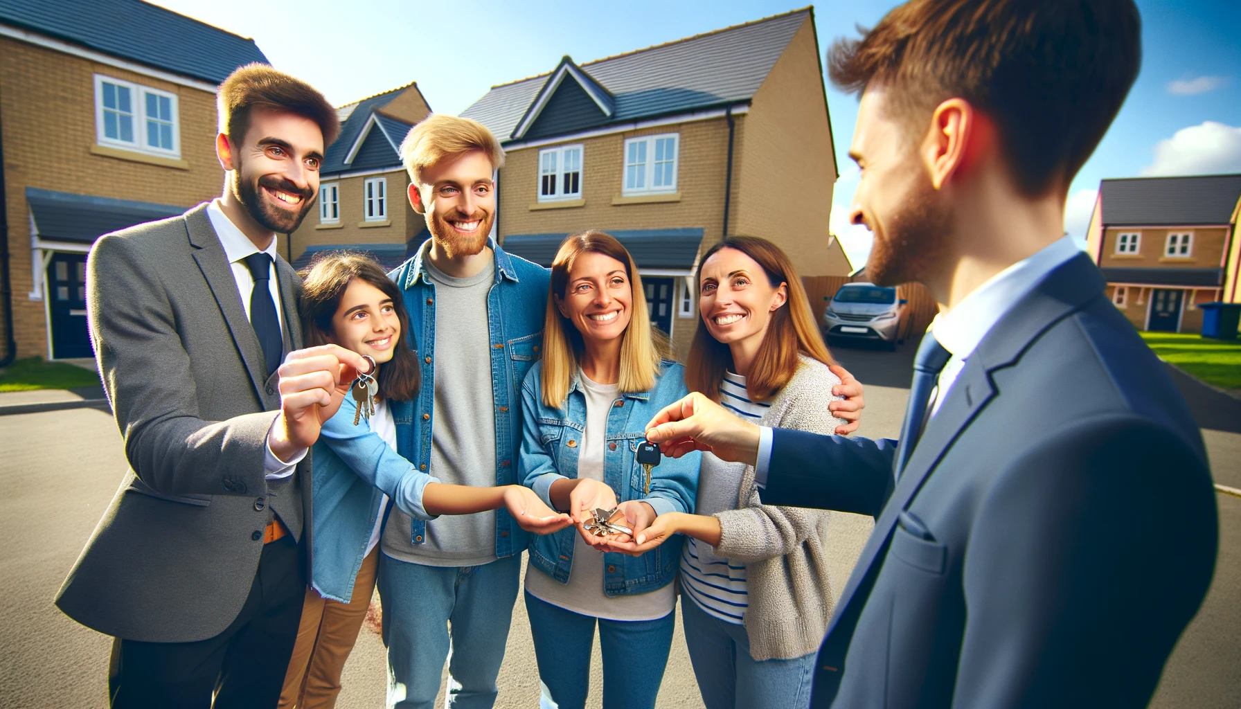 Happy family receiving house keys from a conveyancer in the UK, highlighting the joy of new homeownership.