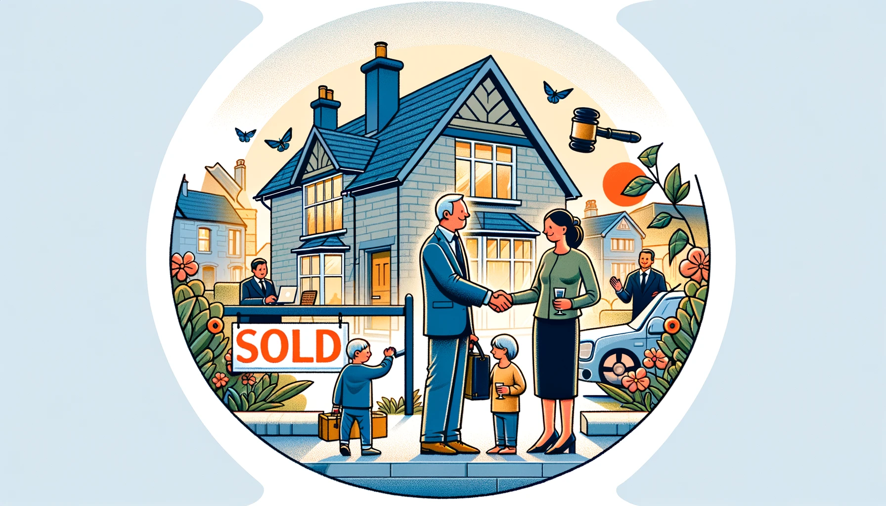 Image showing a happy family in front of their new home with a 'Sold' sign, symbolizing the successful role of a licensed conveyancer in UK property transactions