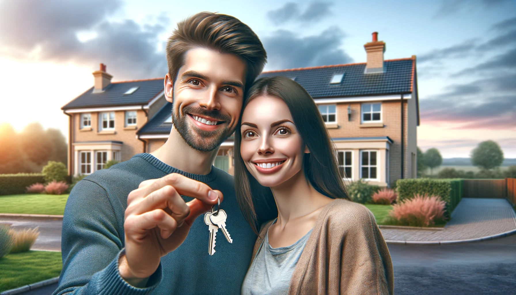 Photo-realistic image of a joyful couple holding house keys in front of their new British home, showcasing the success and happiness of property ownership