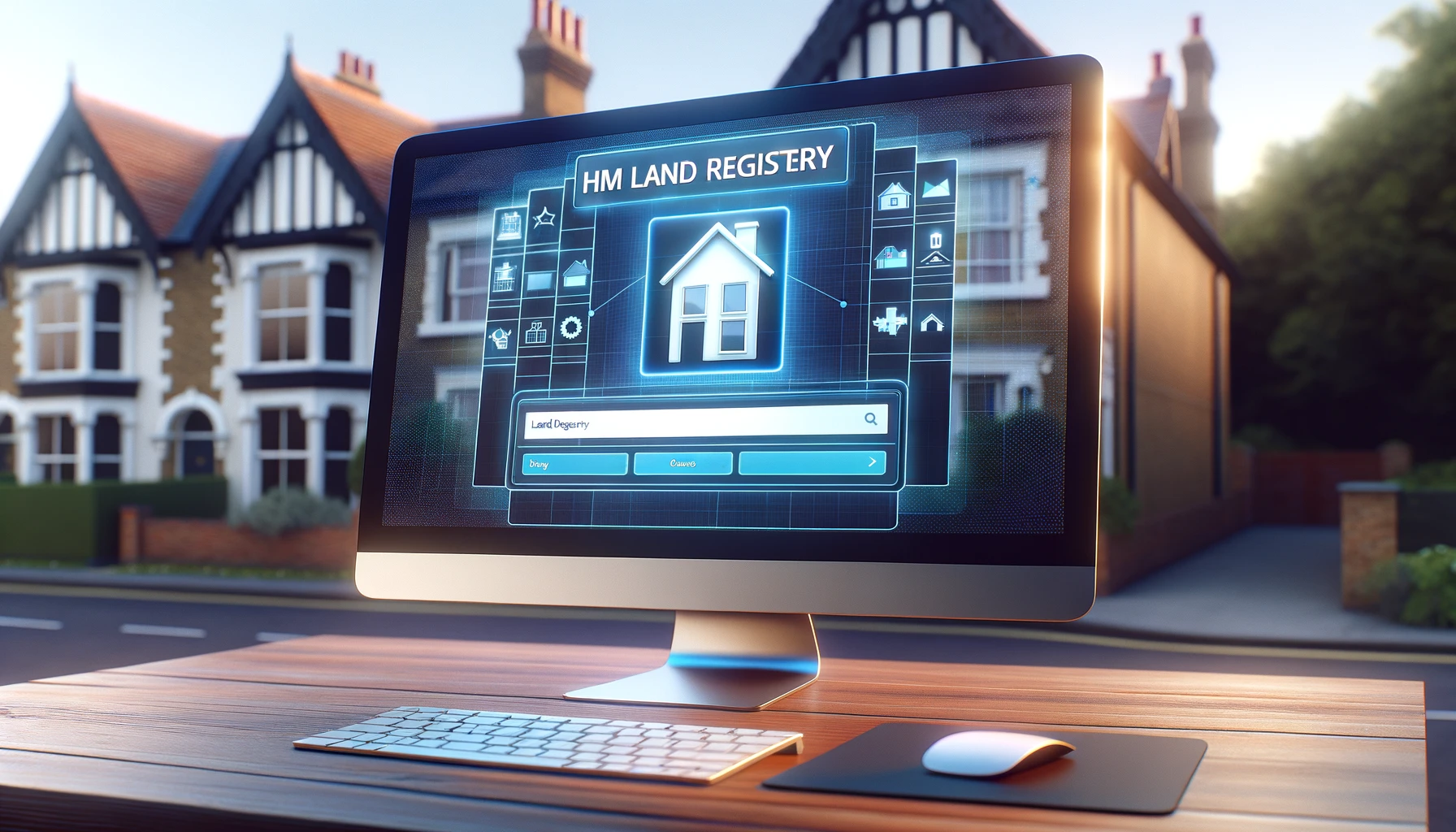 Photo-realistic image of a computer screen displaying the modern digital interface of HM Land Registry, set against a backdrop of UK-style houses, symbolizing the technological advancements in property searches