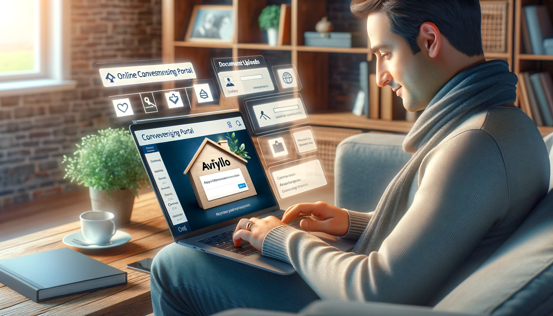 Photo-realistic image of a client using AVRillo's user-friendly online portal for efficient conveyancing management at home.