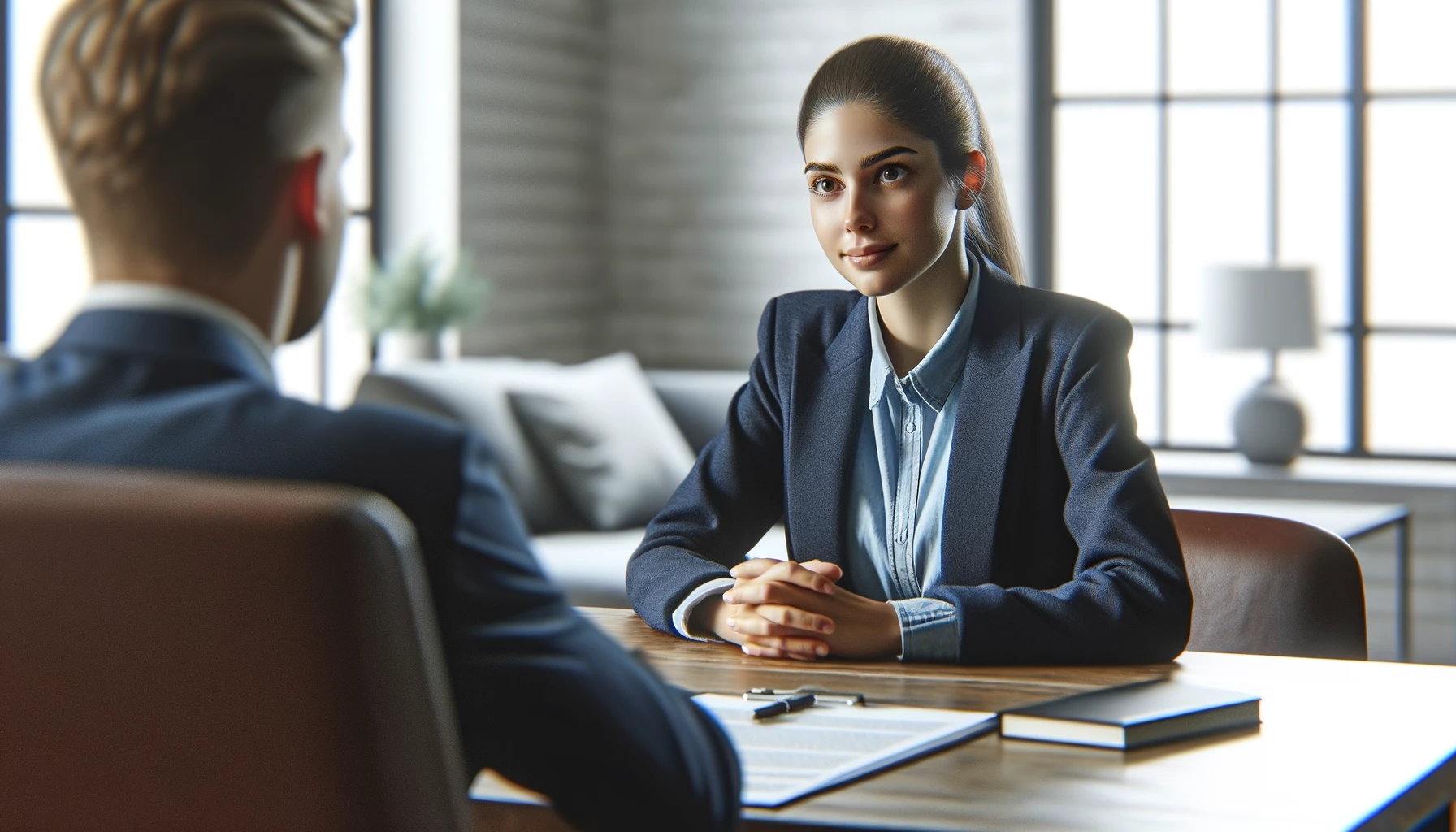 Photo-realistic depiction of an AVRillo conveyancer advising a client, symbolizing professional expertise and personalized service