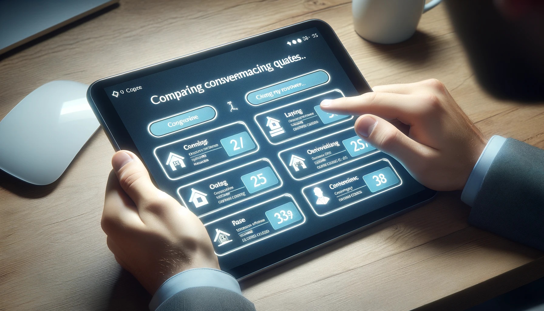 Individual comparing conveyancing quotes on a digital tablet, with a focus on transparent pricing and diverse service options.