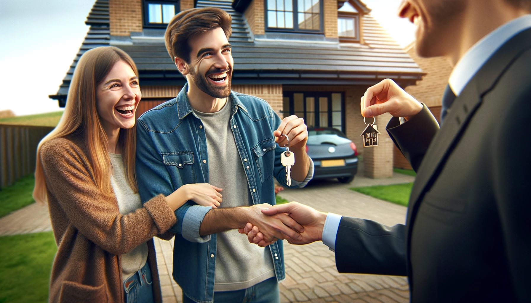 Happy couple receiving house keys from a conveyancer in front of their new UK home, symbolizing a successful property purchase