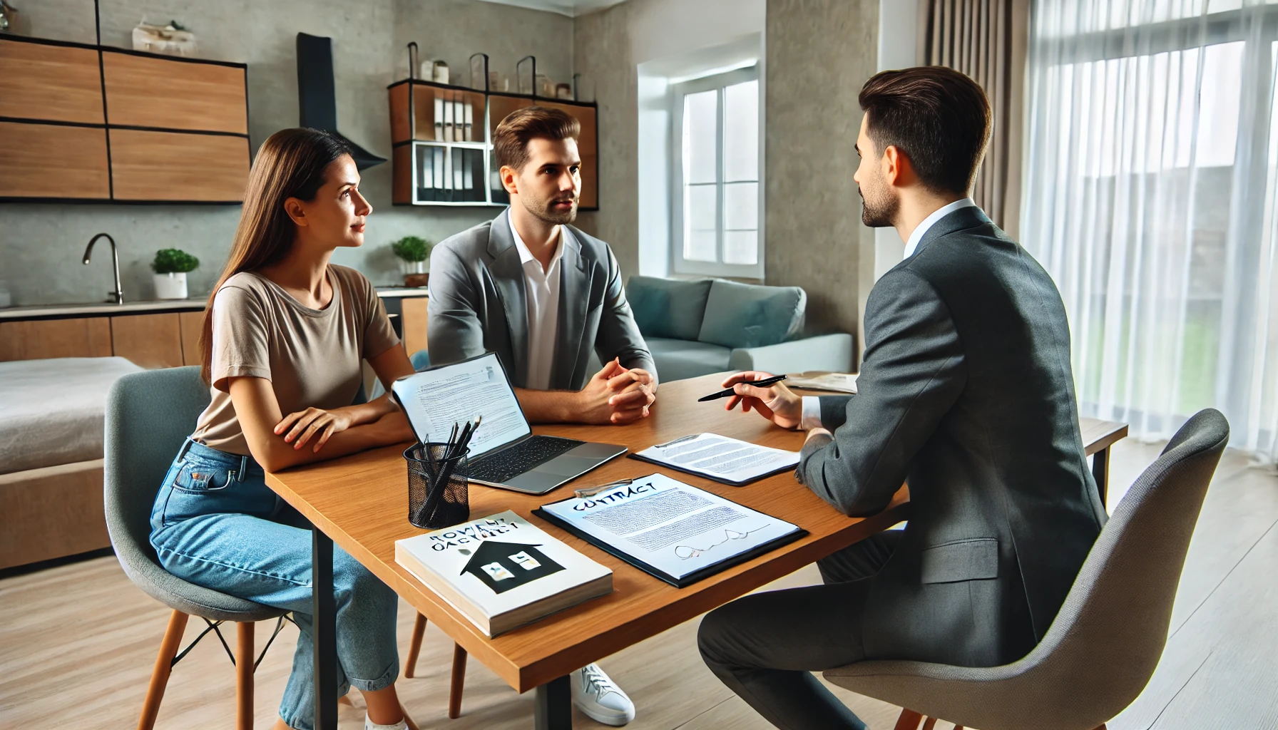 Couple meeting with a conveyancer to review contract terms and avoid gazumping