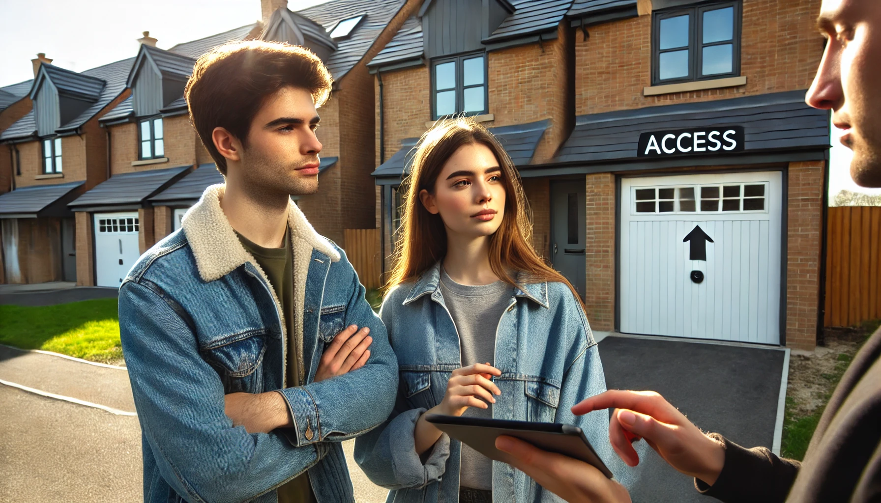 Young couple inspecting a new UK home, discussing early access before completion