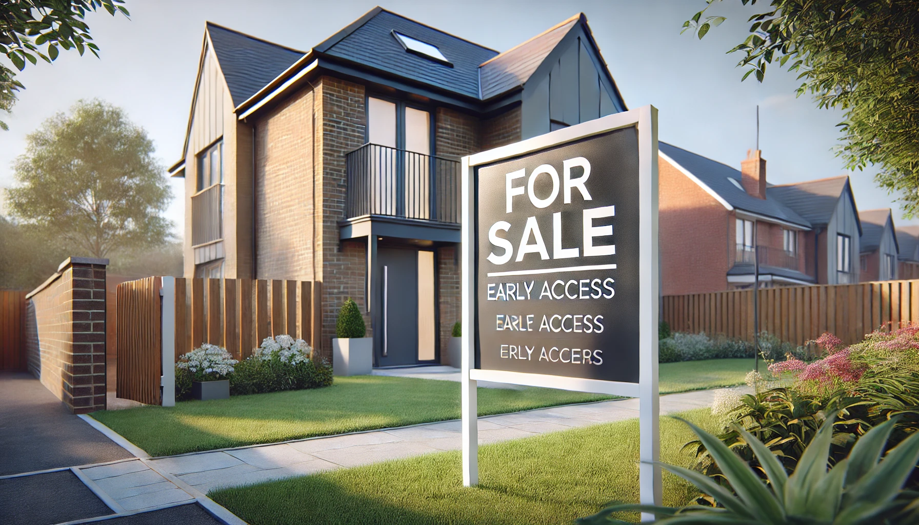 Modern UK home for sale with a sign highlighting early access concerns