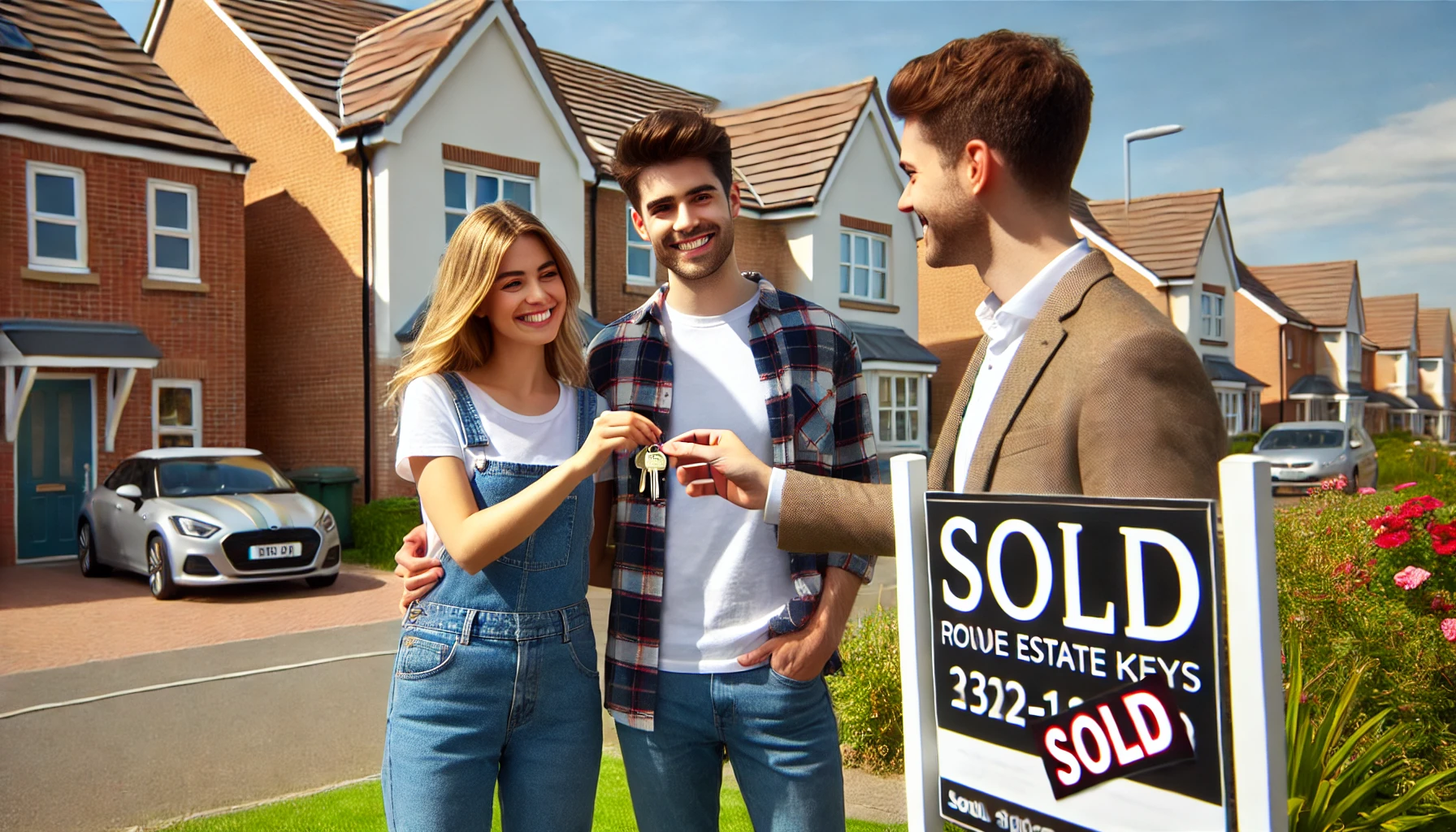 A young couple receiving house keys outside their new UK home - stamp duty first time buyers