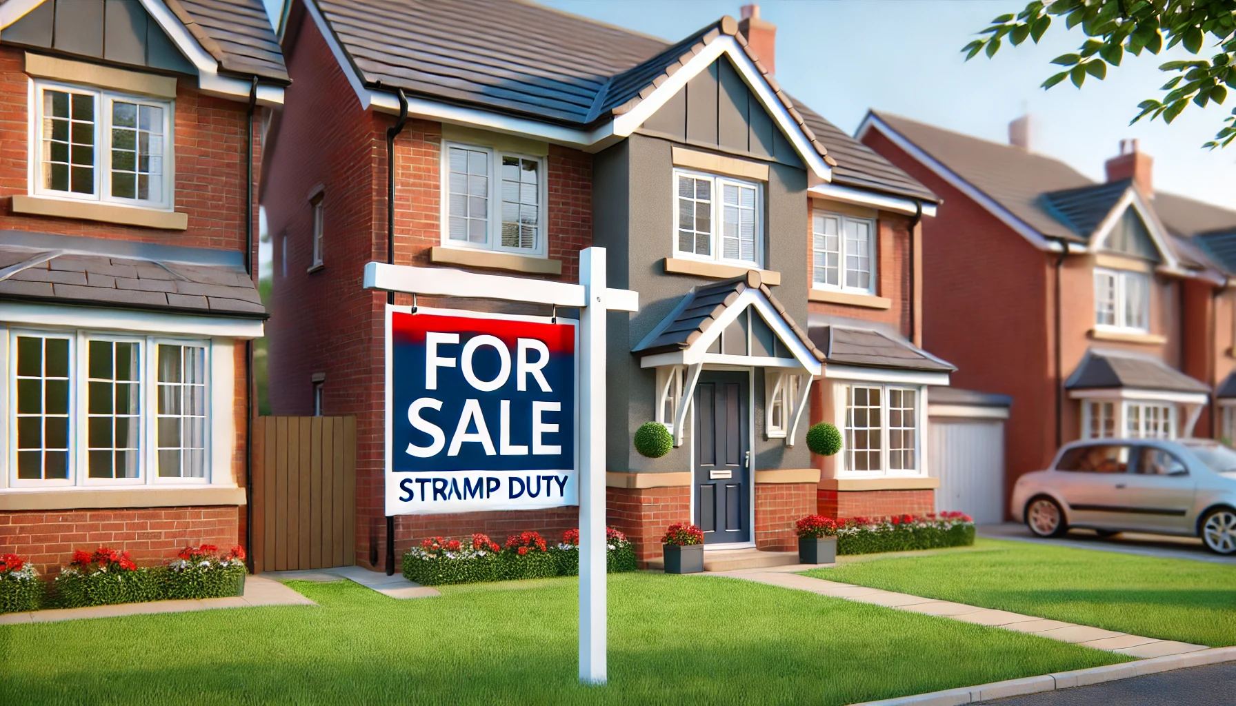 Modern UK property with a 'For Sale' sign outside